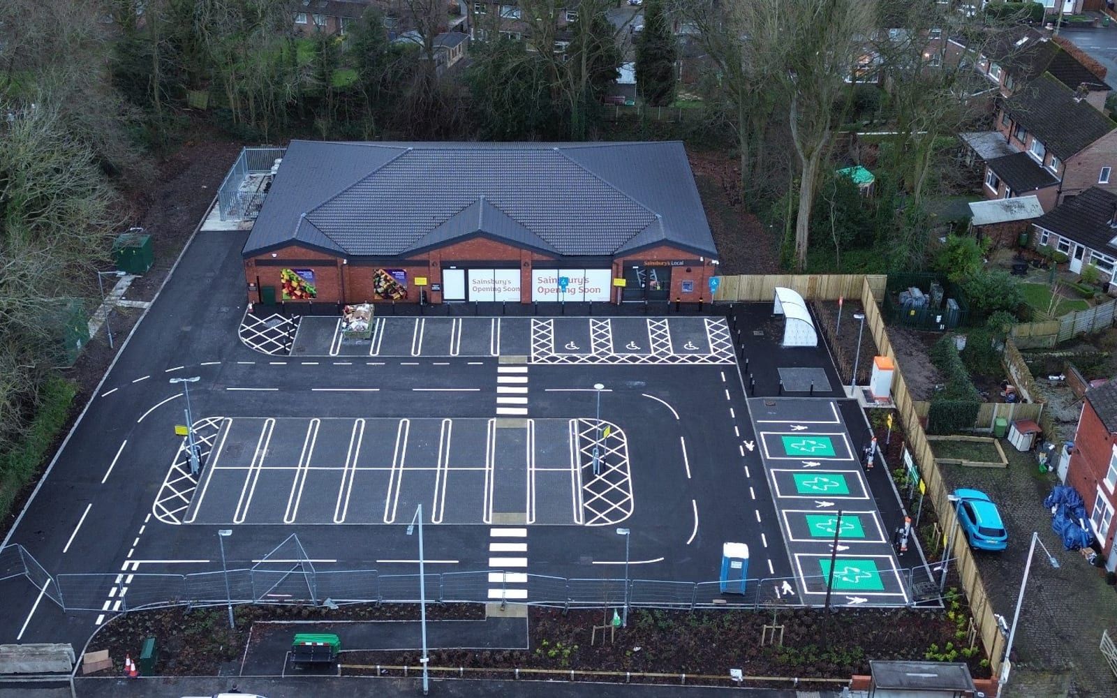 A completed AB Group retail development and its new car park, seen from the air.