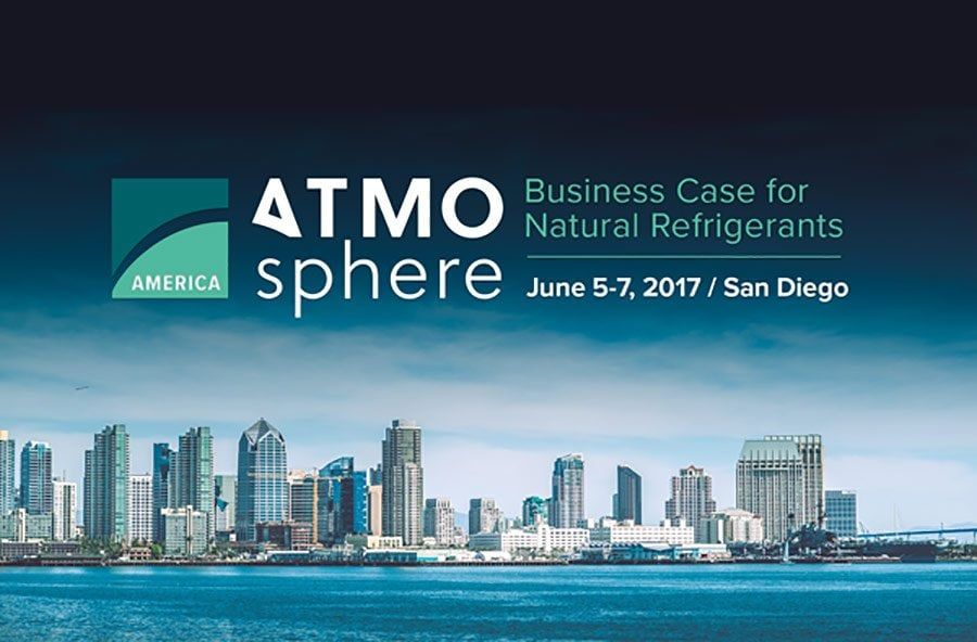 The ATMOsphere America 2017 conference banner over the San Diego skyline.