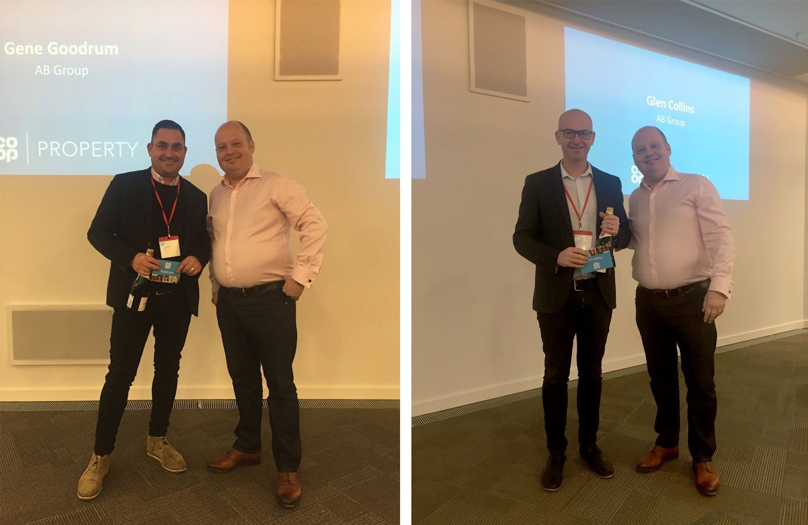 Two AB Group colleagues each receiving their award on stage at the Co-op Construction Supplier Conference.
