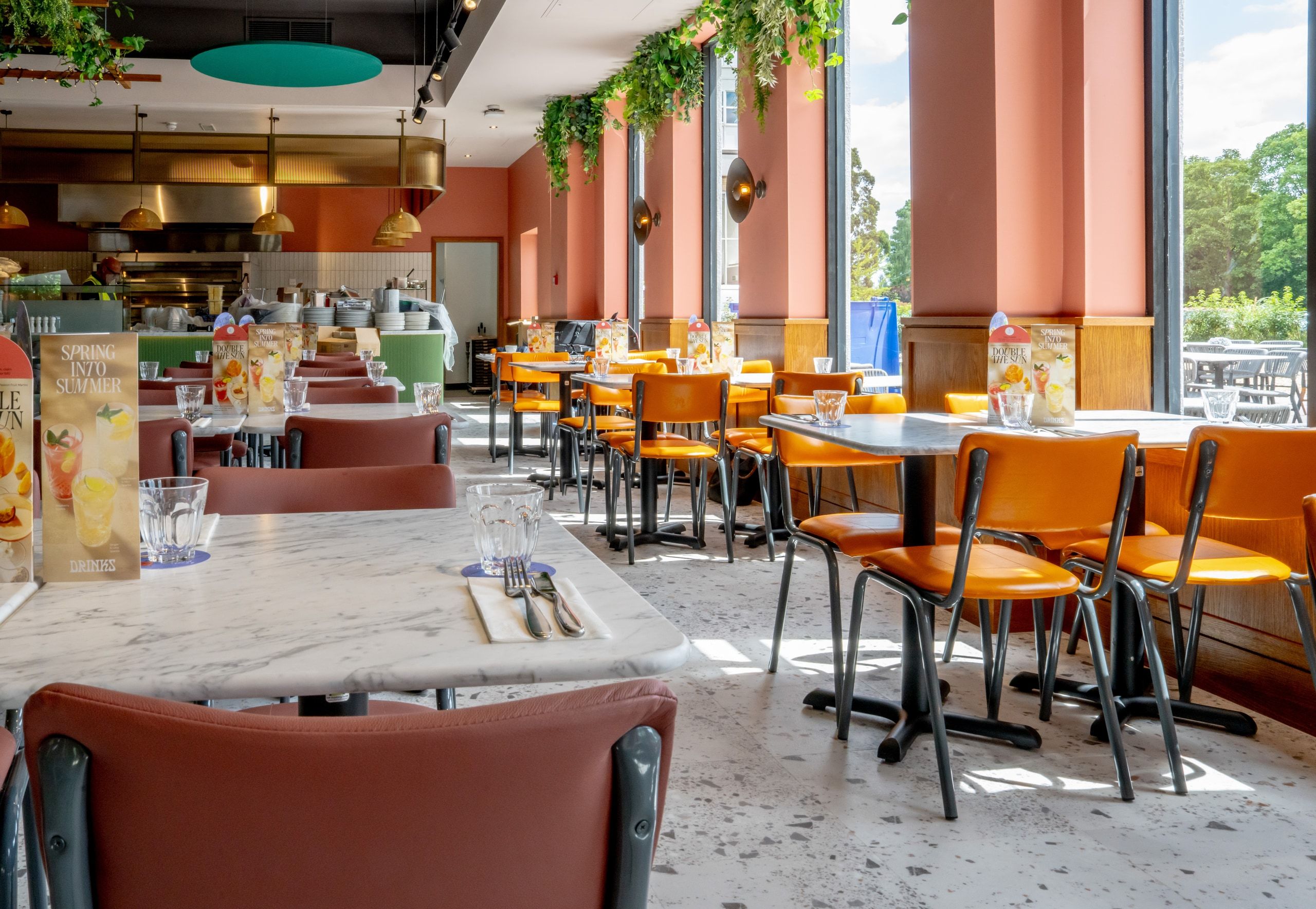 The finished Pizza Express dining room at Springfields Outlet, laid up and ready for service.