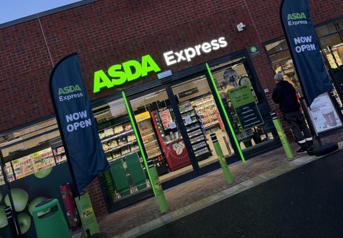 The completed Asda Express at Mesnes Road, Wigan, with new-open signage.