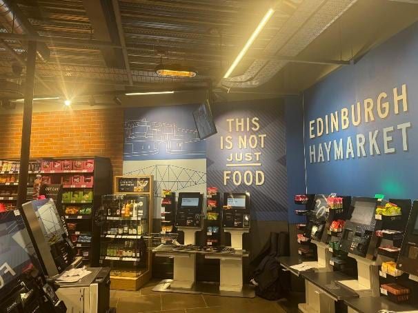 The finished M&S Food self-checkout wall at Haymarket station.