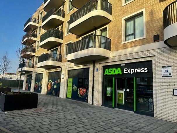 The completed Asda Express at Headstone Drive, Harrow, beneath residential apartments.