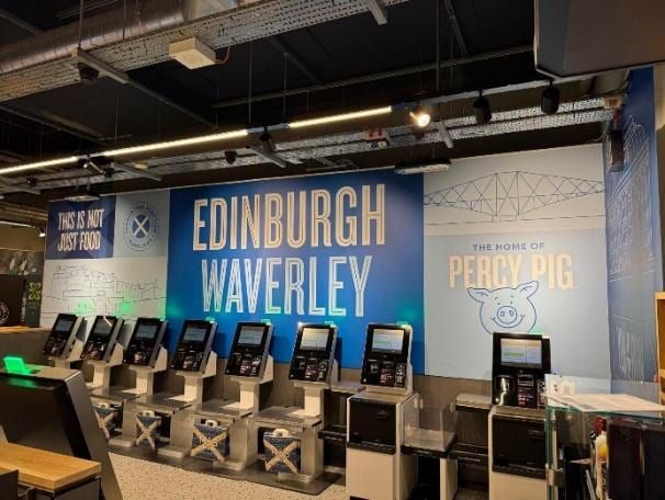 The finished M&S Food self-checkout area at Edinburgh Waverley station.