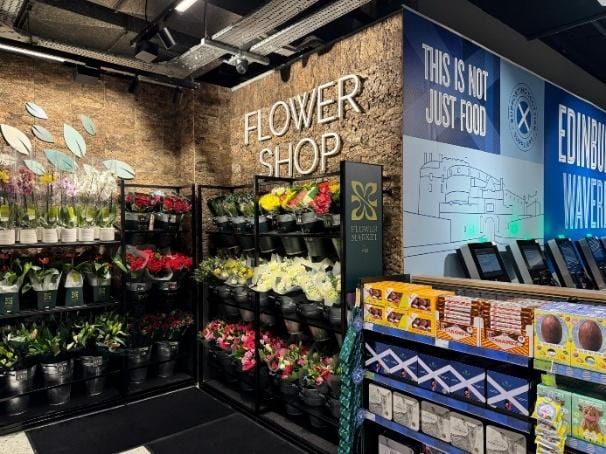 The completed flower shop display inside the M&S Food outlet.