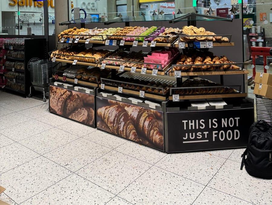 A finished in-store bakery and produce display, handed over ready to trade.